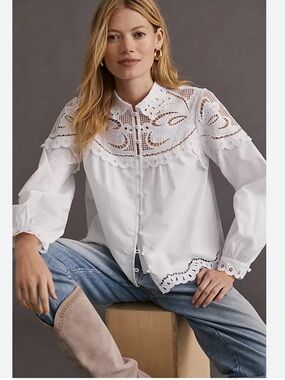 Anthropologie Embroidered Lace Buttondown Blouse | White Eyelet Boho Top Medium
